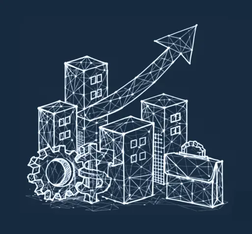 ZenCube for Enterprises by ZenV Quantum - Buildings with gears, briefcase and growth arrow for talent pipeline development